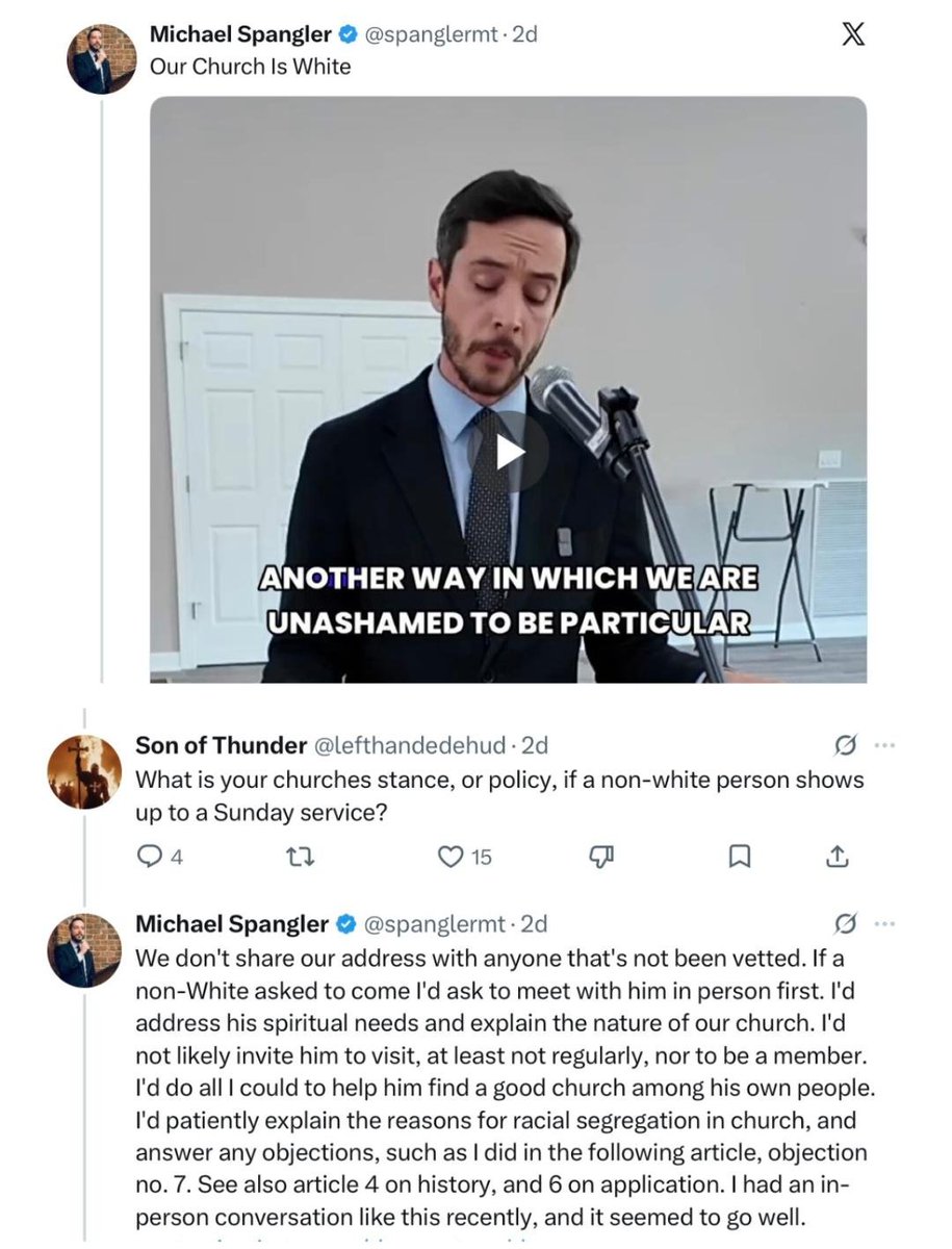 lagracelaverite's tweet photo. Michael Spangler is now openly running a white-only church.

It’s important to remember that Stephen Wolfe’s recent decision to distance himself from Spangler was motivated by reputational harm, not a moral objection to Spangler’s evil beliefs.

It was pure damage control, not because he finally realised Spangler’s beliefs were evil.

Spangler didn’t just suddenly become a segregationist overnight. Long before this recent announcement, he was already posting “Whites are supreme” and many other racist, antisemitic statements, including advocating for racial segregation in education.

Wolfe knew exactly who Spangler was when he defended and praised him as “my friend and a good man”.

It’s important for Christians to be reminded of this so we’re not under the illusion that Spangler is just one “bad apple” in the Christian Nationalism movement.