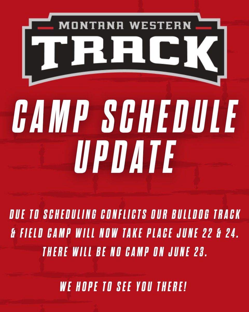 UMW_XC_Track's tweet photo. Due to a scheduling conflict with Beaverhead country high school we are having to move our second day of camp from June 23rd to June 24th. 
Please contact Taylor Grove at taylor.grove@umwestern.edu with any questions or concerns. https://t.co/TsRnu9AaE5