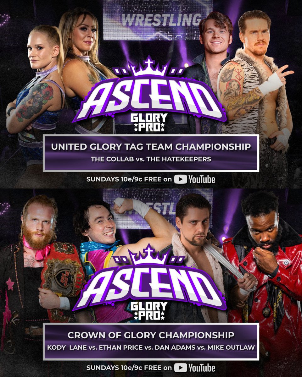 WeAreGloryPro's tweet photo. ⬇️Now Streaming⬇️

ASCEND Ep. 113

Crown of Glory Championship
@VeryKodyLane vs. @ethanprice4_0 vs. @ThanksDanTheDad vs. @TheReal_MOutlaw 

United Glory Tag Team Championship
@LaynieLuck @Shazza_McKenzie vs. @proJMarston @shainboucher 
+ MORE https://t.co/5JUlOpn5X4
