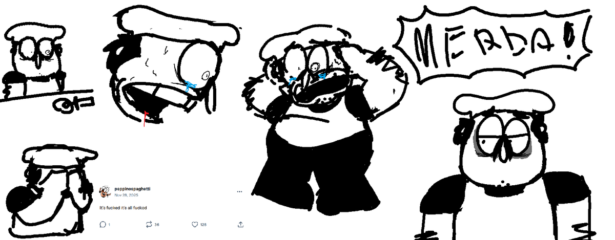 Foeofdrawing's tweet photo. in celebration of cold spaghetti with lyrics hitting a million, i drew peppino but he's in a pretty bad mood tbh https://t.co/ajEpnVPfAa