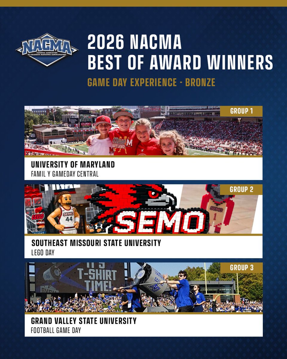 NACMANews's tweet photo. Congratulations to our 2025-26 NACMA "Best Of" Awards Bronze 🥉 Winners for Game Day Experience!

Group I – @umterps 
Group II – @SEMORedhawks 
Group III – @gvsulakers 

#NACMA26 https://t.co/ekLMsG3MXK