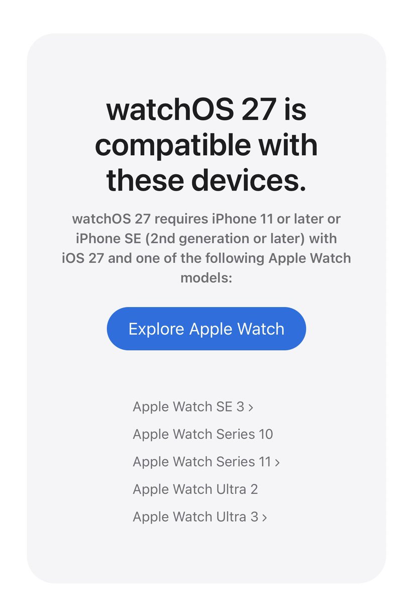 lello_developer's tweet photo. Apple drops the Apple Watch Series 6, 7, 8, 9, and Ultra from watchOS 27 😢 #wwdc #ios27 #watchos27 https://t.co/ioQ7m5REnw