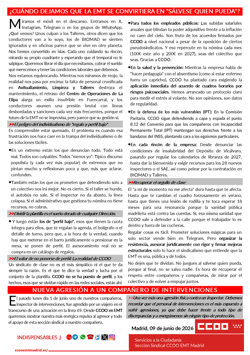 CCOO_EMTMadrid's tweet photo. 🔴BUENAS NOCHES compañeras/os. Mañana martes estaremos en los distintos Centros de Trabajo de 05:00 a 09:00 y de 20:00 a 01:00 para  ayudaros en vuestras dudas, asesoraros en lo que necesitéis y entregaros en mano nuestro COMUNICADO.🔴

➡️ https://t.co/Lc2WoekXha 📲 https://t.co/Rl7VymkRK2