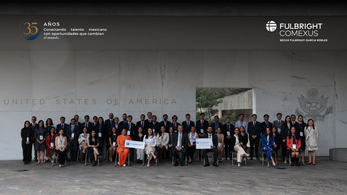 Comexus's tweet photo. Despedimos a la generación 2026 de becarios y becarias #FulbrightGarcíaRobles! 🎓✈️  

61 mexicanos parten a Harvard, Stanford, Yale, Northwestern y más. 

En un año histórico: Fulbright 80 años, COMEXUS 35 años, Binational Business 30 años y Freedom 250. 💙

¡Mucho éxito! https://t.co/dT2NETxPnl