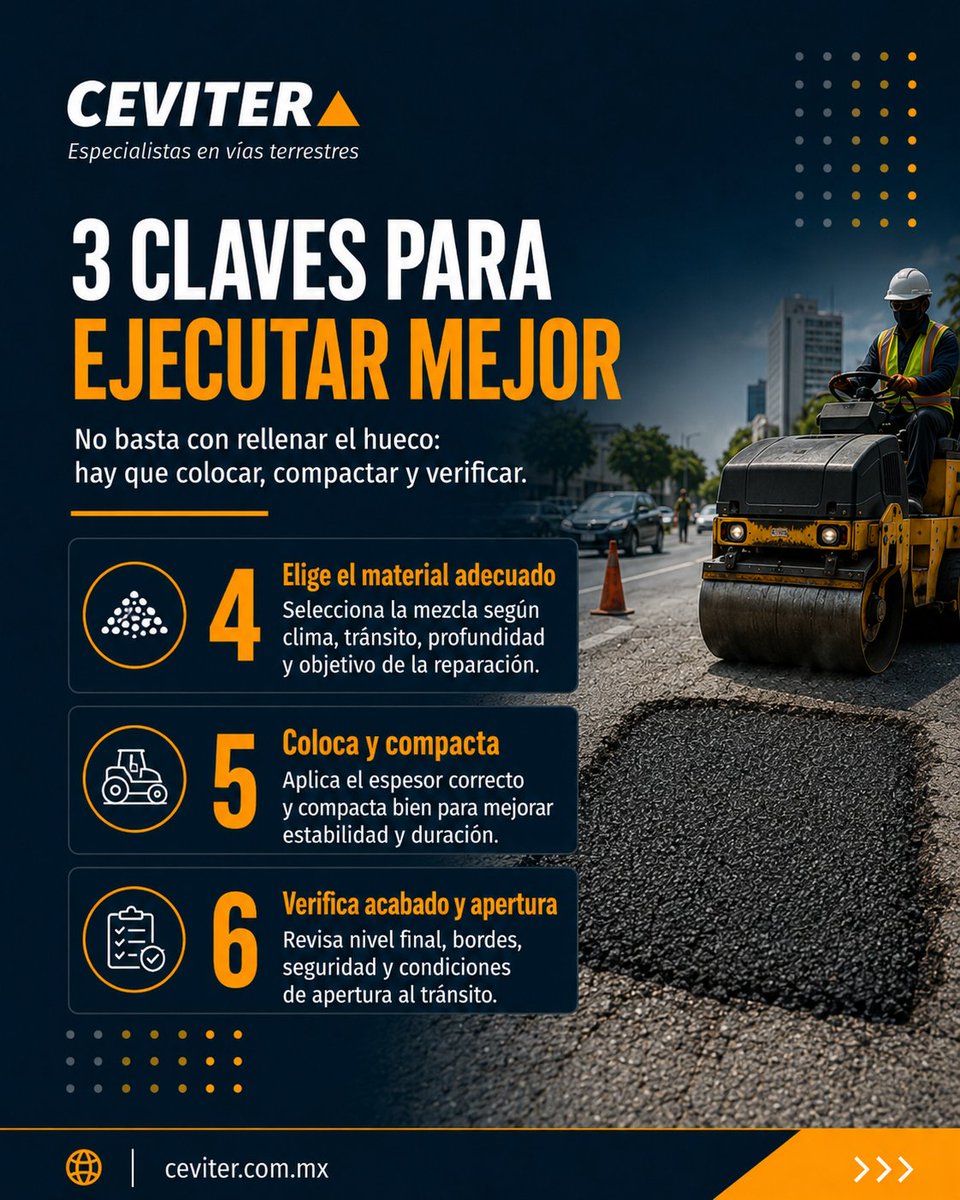 ceviter's tweet photo. Bachear no es solo rellenar un hueco.

Un bacheo asfáltico durable requiere diagnóstico, preparación del área, limpieza, material adecuado, compactación y control de calidad.

Buenas prácticas y errores comunes en:
🔗 https://t.co/3F0A4QoZDc

#Pavimentos #BacheoAsfáltico #Ceviter https://t.co/tSS5RkXFaw