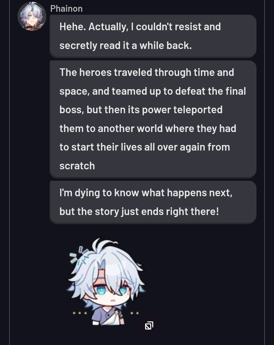 gojosjojos's tweet photo. Thinking about TB's final message to Phainon. When Phainon is disappointed to find out the next part of the book they were reading is unfinished, TB suggests Phainons to write the story himself. So, is the game hinting that part 2 of Amphoreus will be written by Phainon? https://t.co/CcRQrZ3xMn