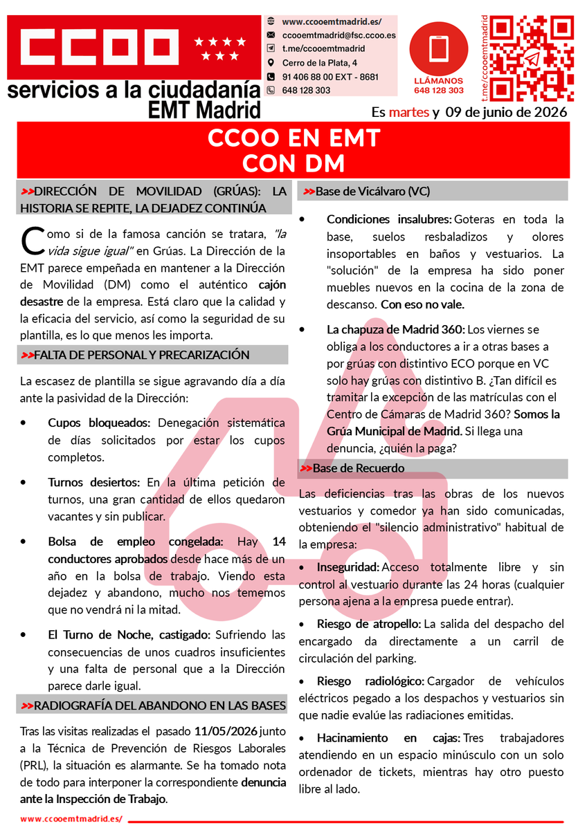 CCOO_EMTMadrid's tweet photo. 🔴BUENAS NOCHES compañeras/os. Mañana martes estaremos en los distintos Centros de Trabajo de 05:00 a 09:00 y de 20:00 a 01:00 para  ayudaros en vuestras dudas, asesoraros en lo que necesitéis y entregaros en mano nuestro COMUNICADO.🔴

➡️ https://t.co/2MIiDZI7Kg 📲 https://t.co/nZEklkpPNh
