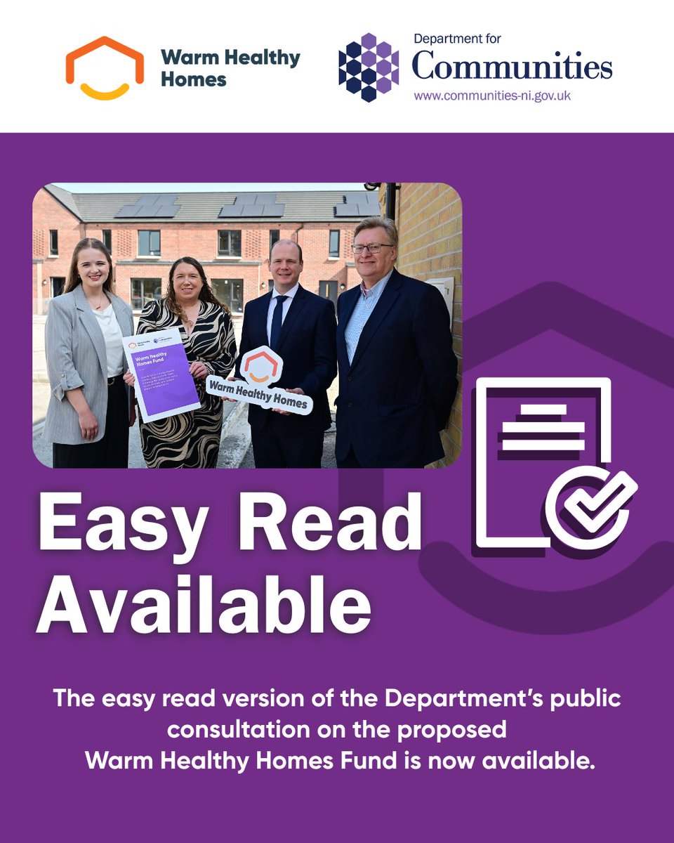 CommunitiesNI's tweet photo. The easy read version of the Department’s public consultation on the proposed Warm Healthy Homes Fund is now available. 🏠

Access the document and share your views today:

https://t.co/aiDlBk9sYR https://t.co/aCEztL9h8X