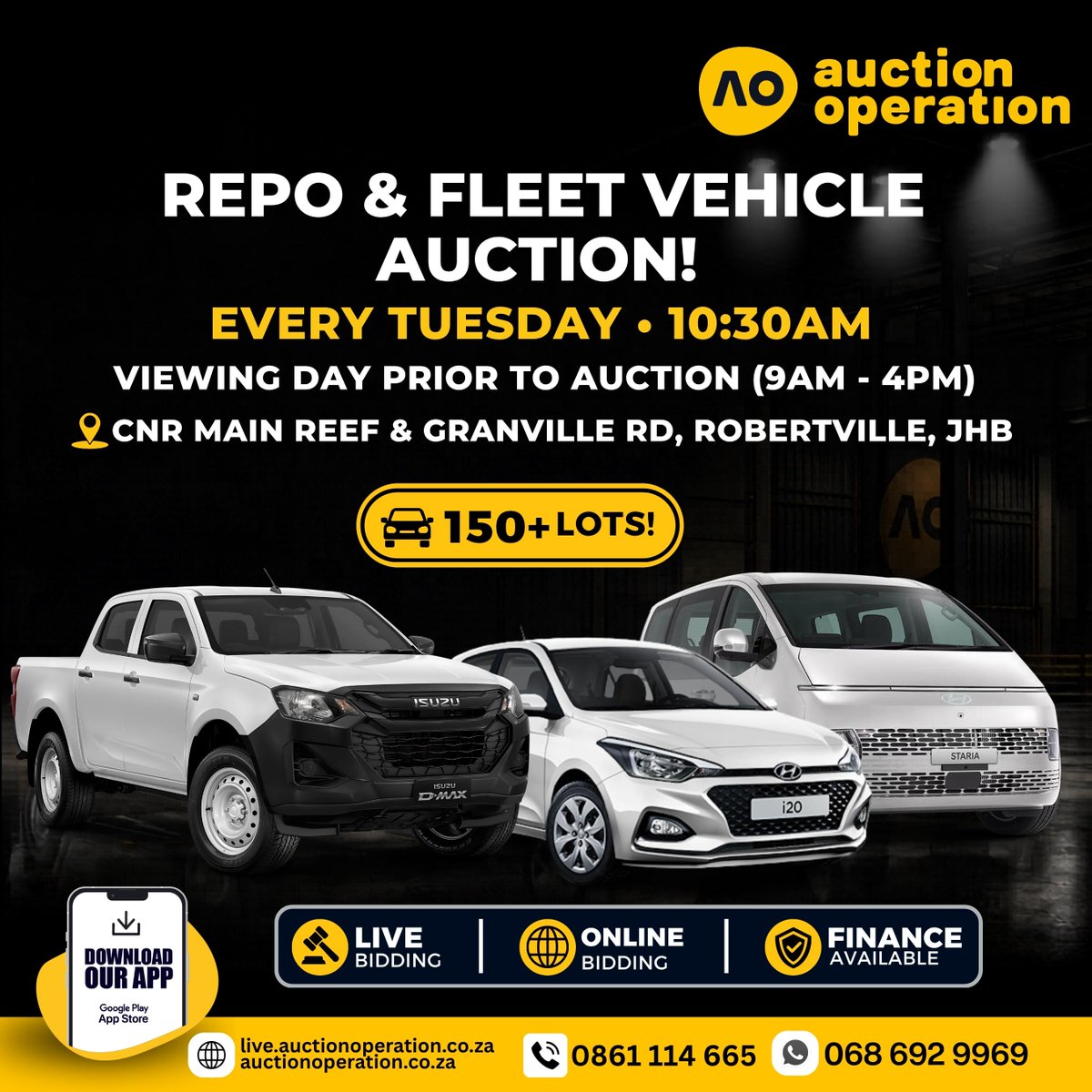 auction_aop's tweet photo. 🗓️ Tuesday 9 June @ 10:30 am 
📍Location: Cnr Main Reef & Granville Road, Robertville, West Rand, Johannesburg

👀 Viewing Day Prior to Auction (9am - 4pm)
🌐 View Lots on our Website: https://t.co/NdqJpYWoKL

⭐️Live & Online Bidding Available!⭐️

💻 Register for Online Bidding: https://t.co/0HybUyyXN7
📲 Download Our Online Bidding App for Free! - App Store/Play Store

----------------------------------------

▪️No Buyer's Commission for this Auction
▪️Finance Available
▪️Please Read Terms & Conditions Before Registering to Bid on Auction: https://t.co/Qsil5S624E
▪️Registration Requirements: R10 000 Refundable Deposit, ID/Passport, Proof of Residence & Driver’s License
▪️Email Documents to Info@auctionoperation.co.za
▪️Please note your registration will remain pending until valid documents have been received.

🟡 0861 114 665 / 087-135-5700
🟢 Official WhatsApp number for Auction Operation: 068 692 9969 - Stay cautious of potential scams.

----------------------------------------
T’s & C’s Apply
*Above Information is Subject to Change Without Prior Notice