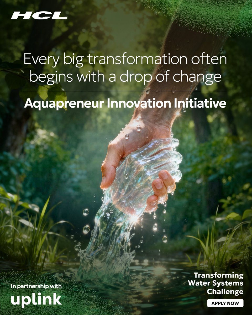 HCLGroup_'s tweet photo. The future of water depends on people who rethink it. The Aquapreneur Innovation Initiative invites entrepreneurs, innovators &amp; changemakers to transform how we value, manage and sustain water. 
Apply by 29 June, 2026.
Apply here: https://t.co/dxDXH5lpK6 
#Water #HCL #HCLGroup https://t.co/wR4no9pXii