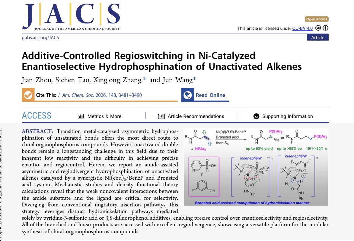 XZhangChem's tweet photo. Happy to share two recent productive collaborative works with Professor Jun (Joelle) Wang at HKBU published in @J_A_C_S and @angew_chem! In the first one, we found that using different acid additives can modulate regioswitching by having different acid binding modes to Ni https://t.co/Dh1vyQ1s4q