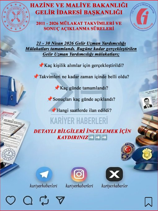 kariyerhaberler's tweet photo. 📢📢📢
GELİR İDARESİ BAŞKANLIĞI

2026 yılı İstanbul Gelir Uzman Yardımcılığı Alımı Mülakatları 30 Nisan 2026 tarihinde sona erdi.  Haziran ayını yarılamak üzereyiz ve halen sonuçlar açıklanmadı.

Binlerce aday mesleğe girmek ya da yeniden KPSS hazırlığı yapmak için sonucunun netleşmesini bekliyor.

Adayların yol çizebilmeleri için bu hafta artık sürecin sonlanmasını umuyoruz.

Sayın Bakanımız @memetsimsek
 
Sayın @gibsosyalmedya Yönetimi

✅Instagram Hesabımızı takip etmek isterseniz;

⤵️⤵️⤵️

https://t.co/wmFNwOrRkX

☑️Yeni Telegram Haber Kanalımıza abone olmak isterseniz;

⤵️⤵️⤵️

https://t.co/2RLEfK7N5m

-