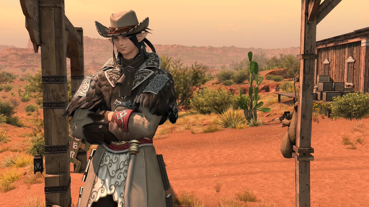 Daura_XIV's tweet photo. The coat bears scholar's embroidery yet screams "shootout at high noon"  

Aurelius is ready for Shaaloani! 🌵  

#FFXIV | #Elezen | #Dawntrail | #aurelius_msq https://t.co/Ads1ltppok