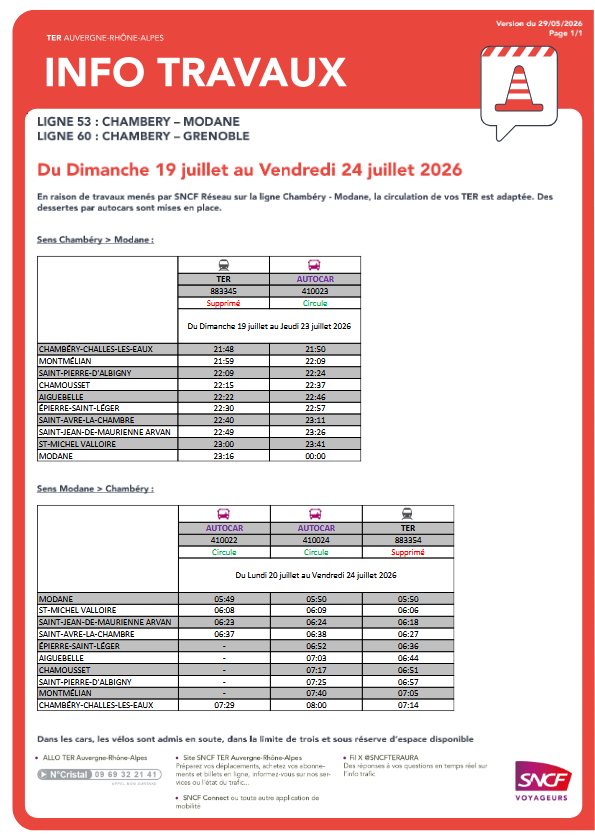 assoARDSL's tweet photo. @MairieModane @SNCFTERAURA @SNCFReseau @dlmaurienne @icipaysdesavoie @f3Alpes @TGVItalia @frecciarossa_fr @telt_lyonturin @BonnivardE @MaurienneArvan @MaurienneTV @LaMaurienne @8montblanc @Paris @VilledeChambery ❌En raison de travaux @SNCFReseau de nuit, le @SNCFTERAURA 883345 @VilledeChambery 21h48 @MairieModane 23h16 est supprimé du dimanche 19 au jeudi 23/07. De même le #TER883354 #Modane 5h50 #Chambéry 7h14 est supprimé du lundi 20 au vendredi 24/07.
➡️ Des cars sont mis en place. https://t.co/3IWp2psg6K