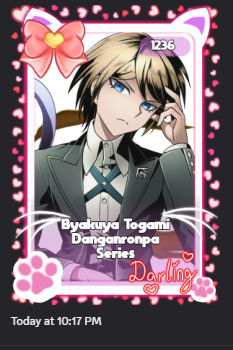 AsmoTheDemon's tweet photo. I just realized i dont actually have a photocard of byakuya irl... how sad. how pathetic. I have this decorated card from a discord bot though https://t.co/Y2xIPxGSoz