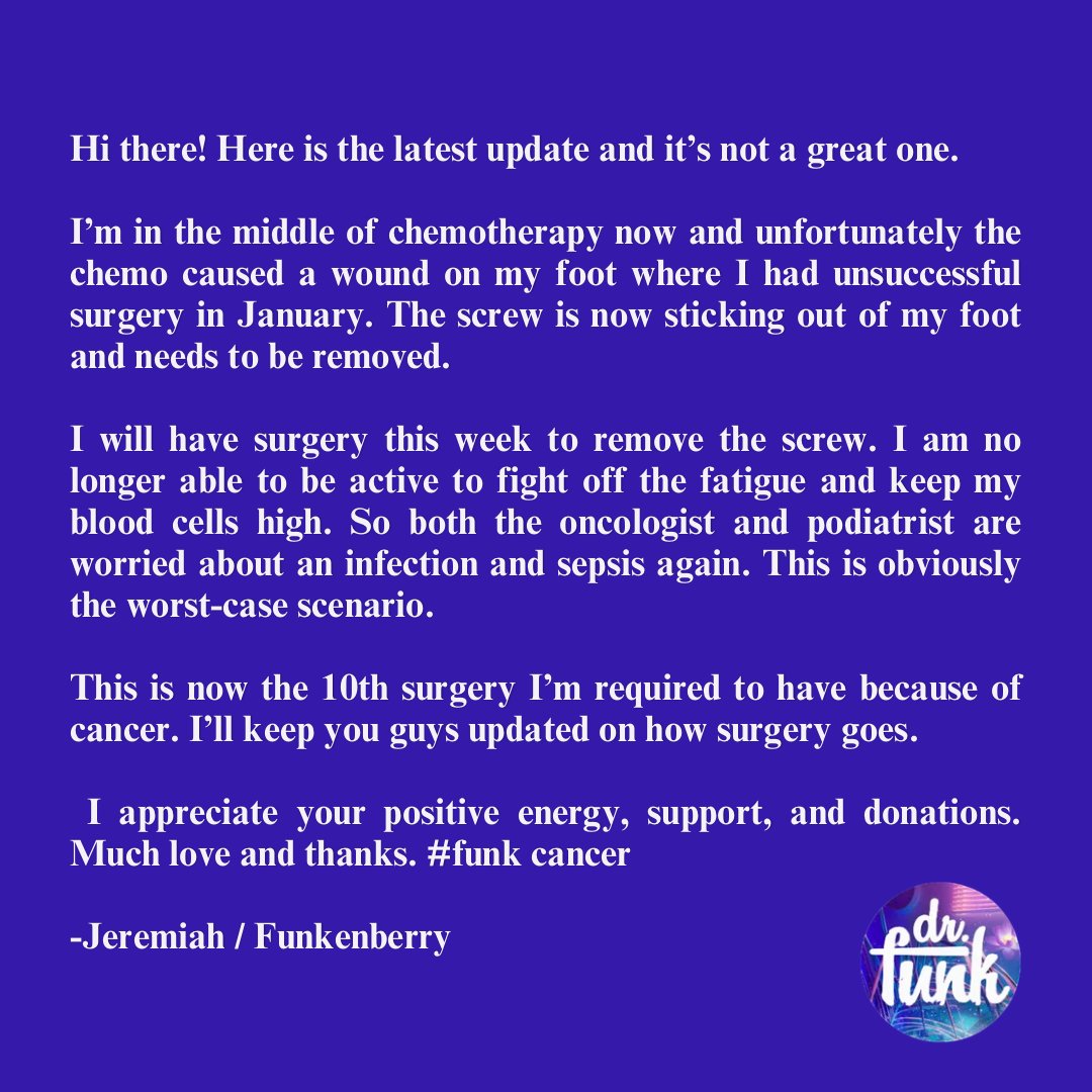 drfunkenberry's tweet photo. Hi there. Here is the latest update. Have the photos posted elsewhere as U can see the screw sticking out of the toe so just giving U a heads up. Much love &amp; thanks for your positive energy n thoughts &amp; donations.

https://t.co/wyTiY1TApi

 #funkcancer https://t.co/ClMg3lnamY
