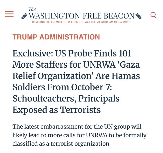 Spain4Israel's tweet photo. Otros 101 empleados de la @UNRWA,  revelados como participantes en las atrocidades del 7 de octubre de 2023 y por su afiliación con la rama militar de Hamás.
La agencia de la ONU ya no se distingue de una organización terrorista.
de @AidOversight  vía @FreeBeacon https://t.co/xaBXcAh6Ot