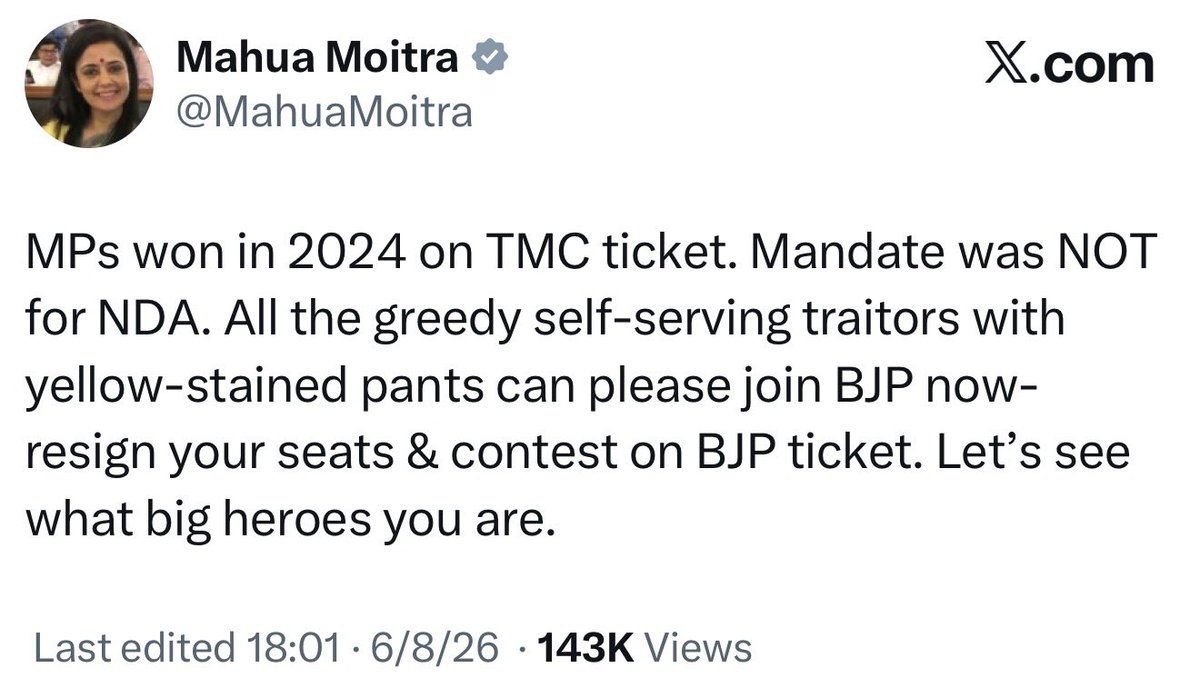 Iyervval's tweet photo. Fully support Rt Hon’ble Mahatyagini Mahasanyasini Revered Mahua Moitra Ji. Instead of supporting NDA - they should do what she’s doing - party in London. https://t.co/X8rKoxsICt