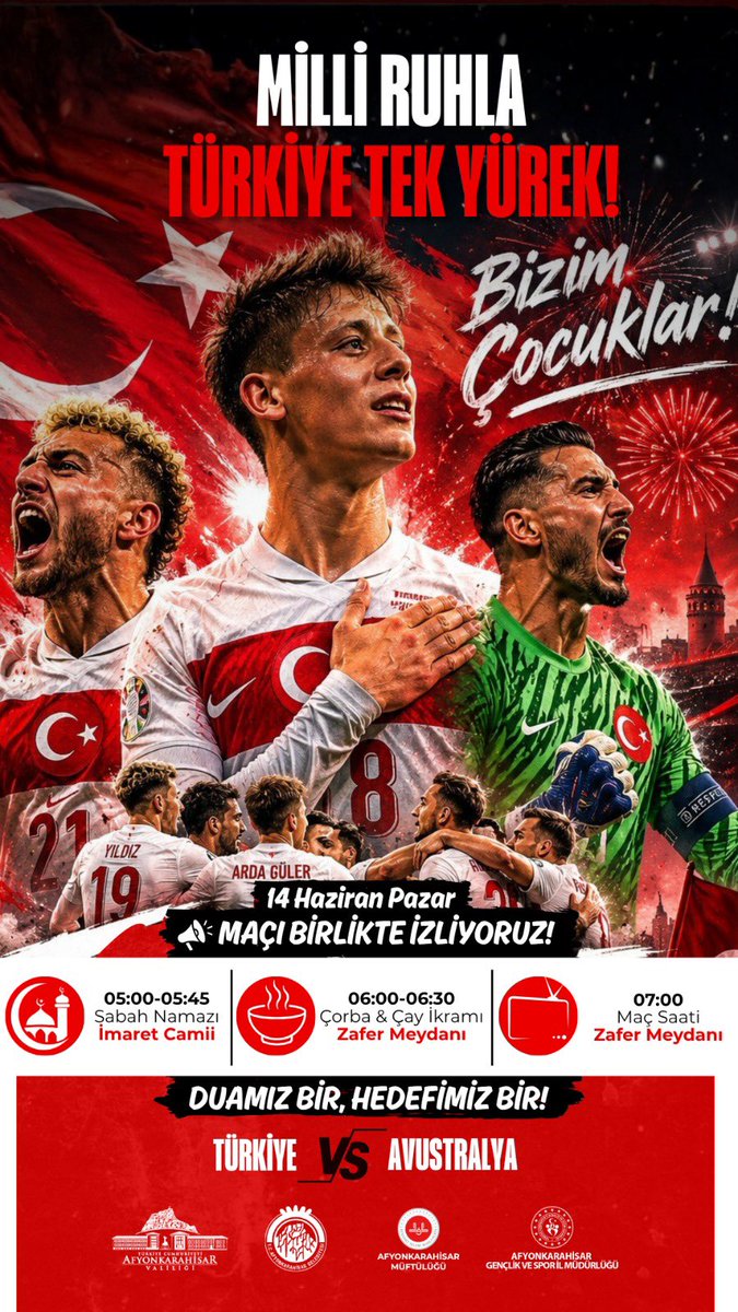 GSB_Afyon's tweet photo. 🇹🇷 Milli Ruhla, Türkiye Tek Yürek!

A Millî Takımımızın heyecanını hep birlikte yaşamaya davet ediyoruz. Sabah namazı buluşması, çorba ve çay ikramının ardından millî takımımızın dünya kupasındaki ilk maçını, Zafer Meydanında dev ekranda birlikte izleyeceğiz.

Duamız bir, hedefimiz bir. 🇹🇷

Haydi “Bizim Çocuklar”🇹🇷🇹🇷🇹🇷

@OA_BAK @gencliksporbak