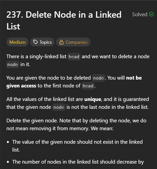 hemanyadav2005's tweet photo. Day 15/100 of #100DaysOfCode

- Problem Solved: 237. Delete Node in a Linked List
- Topic Covered: LinkedList
- Approach: At first glance I was confused about how to tackle this since the head isn't given in the LL. After sometime I got the solution and solve it using the node https://t.co/arNxvgT3ar