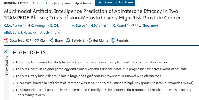 Adam_Weiner535's tweet photo. 🚨 STAMPEDE: AI biomarker may help select who needs abi intensification in VHR localized #prostatecancer

Just out in @Annals_Oncology 

🧬 >1k pts w/ non-metastatic very high-risk  PCa from 2 randomized STAMPEDE phase 3 abi trials.

🤖 Multimodal AI using routine H&E + PSA/stage/age

📉 MMAI very high-risk: abi + LT-ADT markedly improved MFS: HR 0.47. 5-yr MFS 81% vs 62%.

🎯 MMAI standard high-risk: benefit was limited: HR 0.83. 5-yr MFS 84% vs 82%. Interaction P=0.02.

🧠 Signal in both node-negative & node-positive pts

⚖️ Implication: intensify where benefit is ⬆️, spare overtreatment/toxicity where benefit is ⬇️.

🔗https://t.co/3FxTzaQumu

@PCFnews @PCF_Science @urotoday @UrologyTimes
