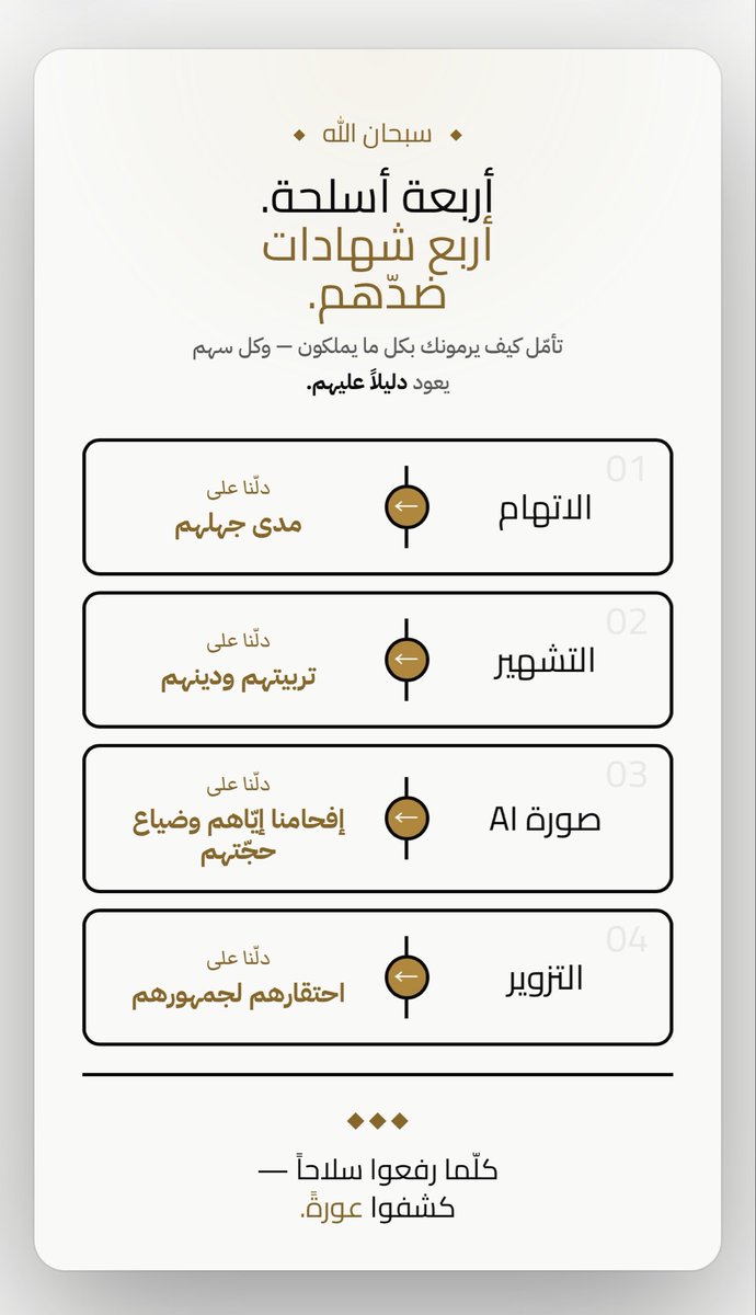 MrmMhd's tweet photo. سبحان الله 

تأمّل كيف صار:

⬇️

كلّ اتهام  ← كان دليلنا على مدى جهلهم

كلّ تشهيرٍ ← كان دليلا على تربيتهم

كلّ صورة AI ألفوها ← كانت دليلاً على إفحامنا لهم وضياع حجّتهم

كل تزويرٍ ← كان دليلاً على احتقارهم لجمهورهم هم

⬇️

كلما رفعوا سلاح انكشفت عورة

والعياذ بالله https://t.co/S6wePN5TGk
