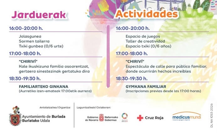 AytoBurlada's tweet photo. 🧑👴🏼Jolasaren Eguna Familian – Día del Juego en Familia
📅 Ekainak 12 junio | 🕓 16:00-20:00
📍 Udal parkea – Parque municipal
ℹ️ Tratu onak eta jokoa – Juego y buen trato
#JolasarenEgunaFamilian #DiaDelJuegoEnFamilia #Burlada #Burlata https://t.co/KpU4Tpybad