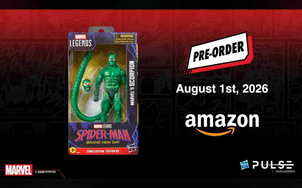 preterniadotcom's tweet photo. Hasbro Marvel Legends Spider-Man: Brand New Day Classic Comic Scorpion, Amazon exclusive August 1st. https://t.co/AMOGWbVuW1
