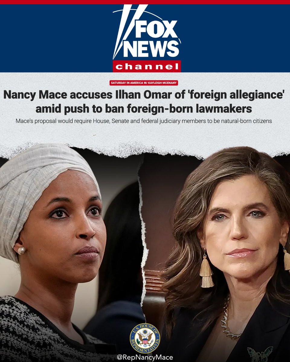RepNancyMace's tweet photo. If the President and Vice President are required to be natural born citizens, so should our Representatives, Senators, federal judges, and Senate-confirmed officers.

We just introduced a constitutional amendment to make sure of it.

If you hold power in this government, your loyalty is to America. Not any other country.

Too many foreign born members of this government, like Ilhan Omar, have made clear, time and again, their loyalty is not here. This amendment is long overdue.

America FIRST. Always.