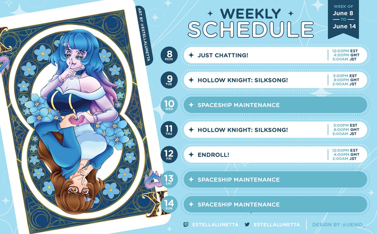 EstellaLunetta's tweet photo. What's this??? a schedule!?
my weeks ends are usually hectic so can't make promises on those lmao 
BUT if I do have free time on the weekend, might do a surprise stream lol 
#vtuber #vtuberuprising #justchatting #endroll #silksong https://t.co/ZQOYycWVtn
