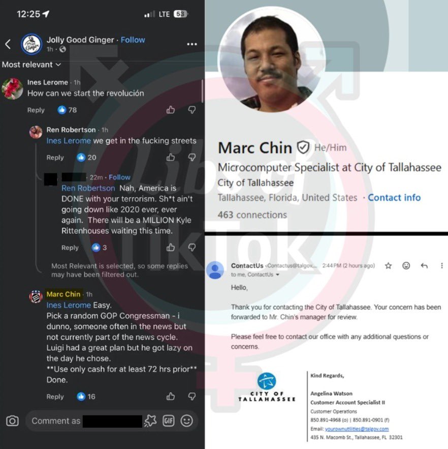 libsoftiktok's tweet photo. SCOOP: Marc Chin, a microcomputer specialist for the City of Tallahassee, Florida, allegedly made a post online appearing to call for the ass*ssination of GOP Congressmen.

"Pick a random GOP Congressman... Luigi had a great plan but he got lazy on the day he chose."

Our tax dollars pay his salary.

We reached out to Tallahassee City officials for comment and they say they are reviewing.
