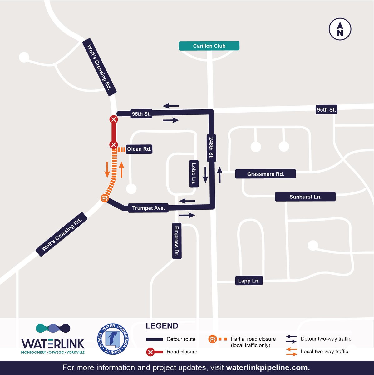 WaterLinkIL's tweet photo. Heads up, Naperville! 🚧

Wolf's Crossing will close between 95th St. and Olcan Rd. starting in late June for about a month while crews install a new 54" water main.

Local access stays open between Olcan Rd. &amp; Trumpet Ave. Follow detours + updates ➡️ https://t.co/bZ1WitR3Ym https://t.co/rpKNueyGWq