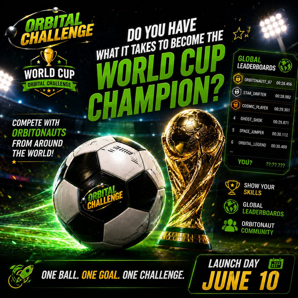 ghostshok's tweet photo. 🏆 Do you have what it takes to become the World Cup Champion?

🏆 Climb the Global Leaderboards
⚽ Unlock the Football Skin
🚀 Launch: June 10
.
.
.
👻 GhostShok Team

#GhostShok #OrbitalChallenge #Steam #WorldCup2026 #IndieGame https://t.co/lgK8ztofE6