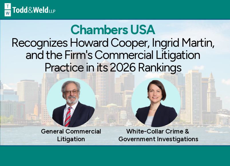toddweldllp's tweet photo. Todd &amp; Weld has been recognized in Chambers USA 2026 Guide, with its Commercial Litigation practice earning a Band 3 ranking in MA. Congratulations to Howard Cooper (Band 2, Litigation: General Commercial) and Ingrid Martin (Band 4, White-Collar Crime &amp; Gov. Investigations). https://t.co/EmXet4QsLp
