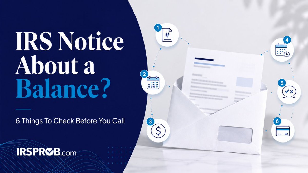 irsprob's tweet photo. Got an IRS notice about a balance?

Do not rush into a payment decision.

Check the notice number, tax year, amount, deadline, and what the IRS is asking for first.

Read more:
https://t.co/6KcUgKBcTw

#irsnotice #taxhelp #taxrelief https://t.co/44ritpHJd9