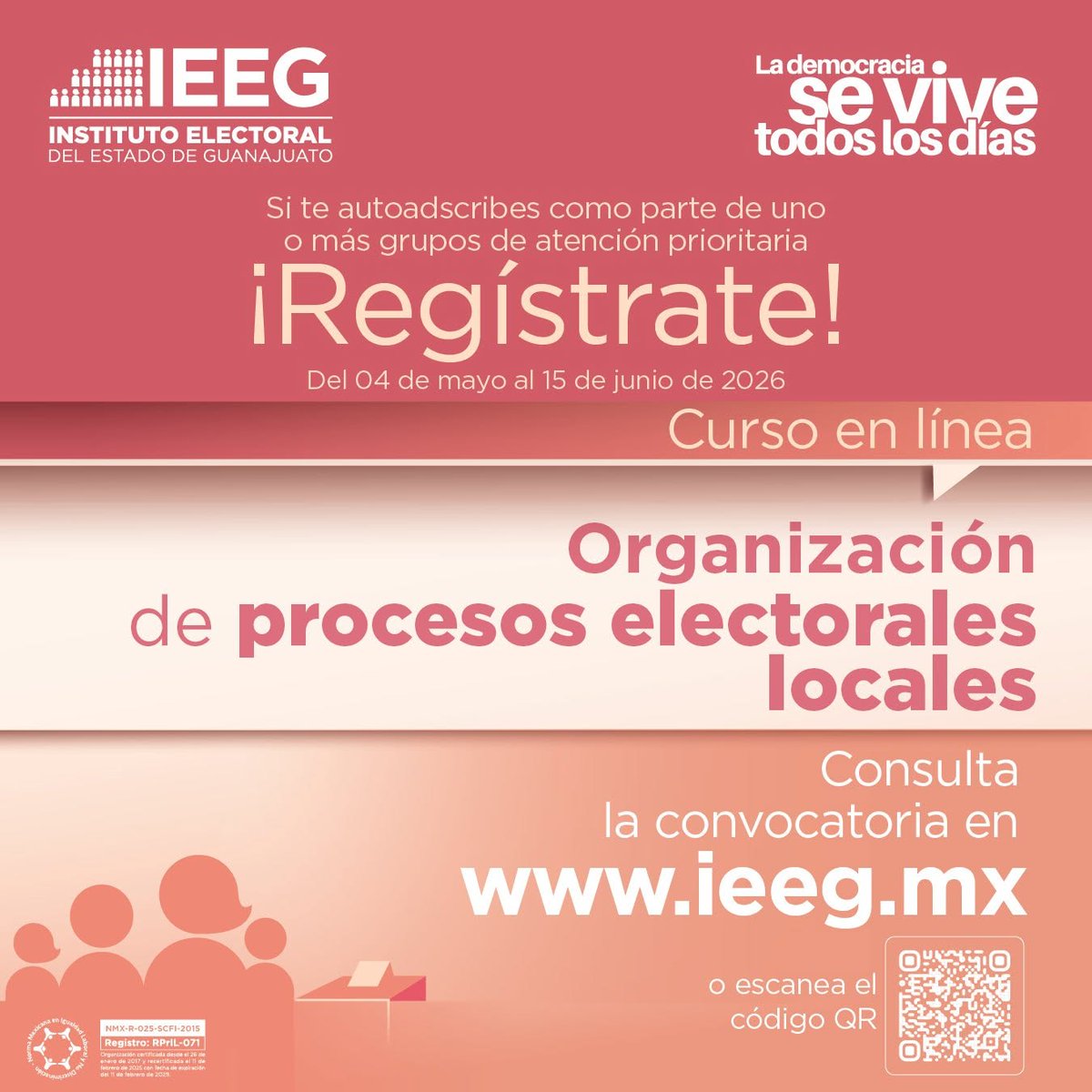 IEEG's tweet photo. 🟣 | ¡El registro sigue abierto!

Si perteneces a un grupo de atención prioritaria te invitamos a tomar el curso:

“Organización de procesos electorales”. 🗳️📚
Tienes hasta el 15 de junio.⏳📅 https://t.co/OknlwhQd6t
