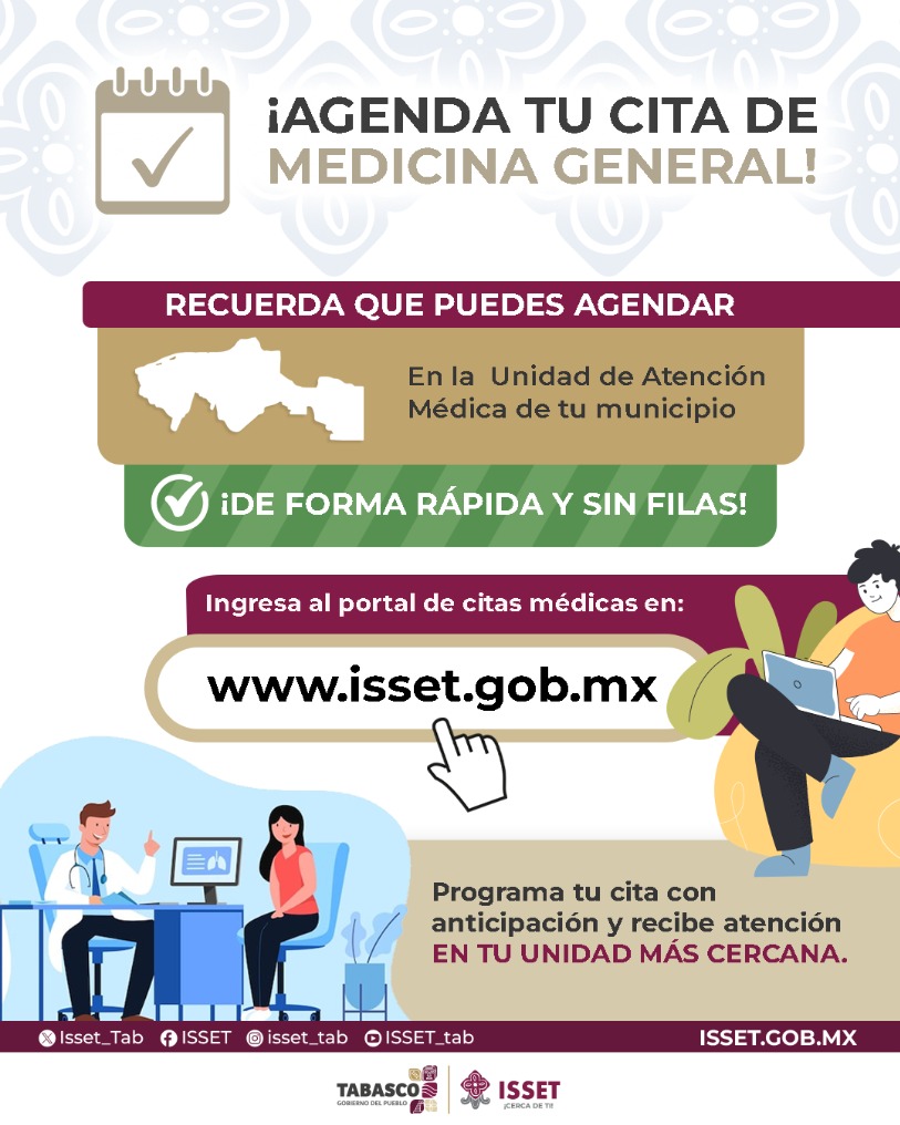 Isset_Tab's tweet photo. 📅 ¡Agenda tu cita de medicina general!

En ISSET, puedes programar tu consulta de forma rápida y sin filas en la Unidad de Atención Médica que corresponde a tu municipio.

En coordinación con el gobernador @TabascoJavier, seguimos mejorando la atención para ti.

#ISSETCercaDeTi https://t.co/WMUEFsJKQ8