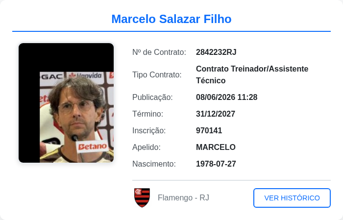 biddomengaoo's tweet photo. Jogador publicado no BID: Marcelo Salazar Filho

Publicado em: 08/06/2026 11:28

Tipo de contrato: Contrato Treinador/Assistente Técnico
            
Data de término do contrato: 31/12/2027

#MarceloSalazarFilho #BID #Flamengo https://t.co/fhtPccxVcd