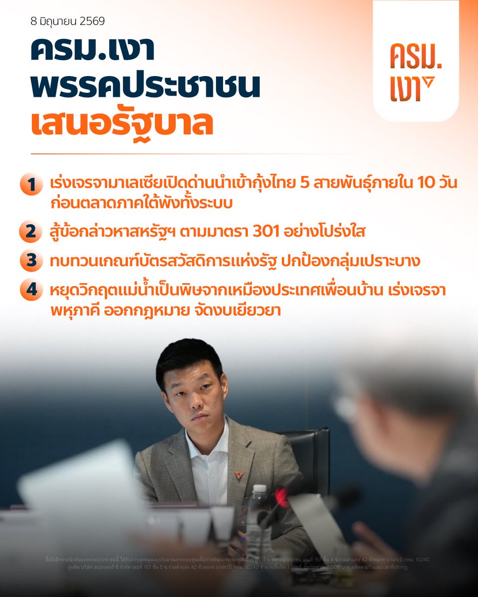PPLEThai's tweet photo. [ รัฐบาลต้องเดินหน้าสู้ภาษีสหรัฐฯ มาตรา 301 อย่างโปร่งใสผ่านกลไกสภา ทบทวนบัตรสวัสดิการแห่งรัฐ ปกป้องกลุ่มเปราะบาง ]
.
ที่ประชุมครม. เงา พรรคประชาชนวันนี้ (8 มิ.ย.) ประชุมหารือ 4 วาระเร่งด่วน ได้แก่ ปัญหามาเลเซียระงับนำเข้ากุ้งไทย การรับมือภาษีมาตรา 301 ของสหรัฐฯ  การทบทวนเกณฑ์บัตรสวัสดิการแห่งรัฐ และมลพิษแม่น้ำชายแดน โดยมีรายละเอียดดังนี้
.
1. เร่งเจรจามาเลเซียระงับนำเข้ากุ้งไทย เจรจาเปิดด่านก่อนเส้นตาย 10 วัน 
.
จากกรณีมาเลเซียระงับการนำเข้ากุ้ง 5 สายพันธุ์จากไทย ตั้งแต่วันที่ 1 มิถุนายน 2569 ส่งผลกระทบต่อเกษตรกรผู้เลี้ยงกุ้งภาคใต้อย่างหนัก พรรคประชาชนขอเรียกร้องให้รัฐบาลดำเนินการเจรจาเปิดด่านให้ได้ภายใน 10 วันนี้ ก่อนราคากุ้งในตลาดภาคใต้จะตกต่ำจนตลาดพังทั้งระบบ ส่วนในด้านการเจรจา ให้เร่งหารือกับมาเลเซียบนหลักการ 4 ข้อ ได้แก่ การกำหนดร่วมกันและแจ้งล่วงหน้า การใช้ข้อมูลเชิงวิทยาศาสตร์ ความเหมาะสมของแนวปฏิบัติเช่นการแสดงใบรับรองคุณภาพ และการตรวจสอบย้อนกลับได้
.
ในระยะยาว พรรคประชาชนจะติดตามและผลักดันให้รัฐบาลดำเนินการตามแผนปฏิบัติการเพื่อยกระดับการแก้ไขปัญหากุ้งอย่างเป็นระบบ ให้อยู่ในงบประมาณประจำปี 2570 และเร่งให้มีการประชุม Shrimp Board ที่ตัวแทนผู้เลี้ยงกุ้งมีส่วนร่วม เพื่อเป็นกลไกหลักในการรับมือสถานการณ์ และผลักดันแผนแก้ไขปัญหากุ้งทั้งระบบต่อไป โดยเฉพาะการป้องกันและควบคุมโรคกุ้งที่ระบาดมายาวนาน
.
2. สู้ข้อกล่าวหาสหรัฐฯ ตามมาตรา 301 อย่างโปร่งใส เจรจา ART ตามสัดส่วนใหม่ อย่าทิ้งไพ่ใบเดิม 
.
รัฐบาลต้องยืนยันต่อสู้ข้อกล่าวหาของ USTR ทั้ง 2 ประเด็น คือ การผลิตส่วนเกิน และแรงงานบังคับ โดยยืนยันว่าไทยไม่มีนโยบายอุดหนุนการผลิตเพื่อทุ่มตลาดส่งออก และเร่งยกระดับกฎหมายนำเข้าที่ครอบคลุมมาตรฐานแรงงานบังคับ ซึ่งสอดคล้องกับระเบียบใหม่ของสหภาพยุโรป (EU Forced Labour Regulation) ที่จะเริ่มใช้ในปี 2570 อยู่แล้ว
.
สำหรับการเจรจาข้อตกลงการค้าต่างตอบแทน (ART) กับสหรัฐ รัฐบาลต้องปรับสัดส่วนข้อแลกเปลี่ยนให้เหมาะสมกับกรอบภาษีปัจจุบันที่ลดมาเหลือที่ระดับ 10% หรือ 12.5% พร้อมเปิดเผยกรอบการเจรจาต่อสาธารณะ และนำข้อตกลงที่มีผลผูกพันด้านการค้าการลงทุนเข้าสู่กระบวนการรัฐสภาตามรัฐธรรมนูญมาตรา 178 ทั้งนี้ รัฐบาลต้องไม่ใช้การลดภาษีเป็น KPI ความสำเร็จ เพราะ สิ่งที่สำคัญกว่าคือผลกระทบต่อเศรษฐกิจไทยในระยะต่อไป
.
3. ทบทวนเกณฑ์บัตรสวัสดิการแห่งรัฐ ปกป้องกลุ่มเปราะบาง 
.
พรรคประชาชนเรียกร้องให้รัฐบาลทบทวนมติ ครม. วันที่ 2 มิถุนายน 2569 เรื่องการปรับหลักเกณฑ์ผู้ถือบัตรสวัสดิการแห่งรัฐ โดยเสนอให้พิจารณาใช้ระบบคะแนนถ่วงน้ำหนักแทนเกณฑ์เดียว เพื่อสะท้อนความเดือดร้อนในภาพรวมอย่างแท้จริง
.
4. หยุดวิกฤตแม่น้ำเป็นพิษจากเหมืองประเทศเพื่อนบ้าน 
.
พรรคประชาชนเรียกร้องให้รัฐบาลแก้ปัญหามลพิษในแม่น้ำกก สาย รวก โขง สาละวิน และกระบุรี จากการทำเหมืองในประเทศเพื่อนบ้านโดยเร่งด่วน ผ่าน 3 แนวทาง คือ ด้านคน เจรจาพหุภาคีไทย-จีน-เมียนมา-ลาว พร้อมกำหนด Action Plan ตรวจสอบคุณภาพน้ำ ดิน และสุขภาพประชาชนด้วยมาตรฐานกลาง ด้านกฎ เร่งออกกฎหมายลำดับรองภายใต้ พ.ร.บ.แร่ มาตรา 104 กำหนดให้แร่สำคัญต้องขออนุญาตนำเข้า และห้ามนำเข้าแร่จากเหมืองที่พิสูจน์ไม่ได้ว่าไม่ทำลายสิ่งแวดล้อม และด้านงบ จัดสรรงบประมาณรับมือผลกระทบและเยียวยาเกษตรกรและภาคธุรกิจที่ได้รับความเสียหาย
.
พรรคประชาชนจะผลักดันทั้ง 4 ประเด็นผ่านกลไกรัฐสภาและคณะกรรมาธิการ ที่เกี่ยวข้อง และจะติดตามการดำเนินงานของรัฐบาลอย่างใกล้ชิดต่อไป