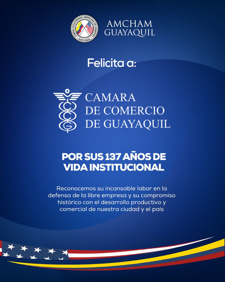 amchamgye's tweet photo. Desde AmCham Guayaquil felicitamos a @lacamaragye por sus 137 años de vida institucional. 🎉 Reconocemos su incansable labor en la defensa de la libre empresa y su aporte histórico al desarrollo productivo y comercial del Ecuador. ¡Que sigan los éxitos! 🤝🇪🇨
#AmChamGye #CCG https://t.co/dW9lQCOxYk