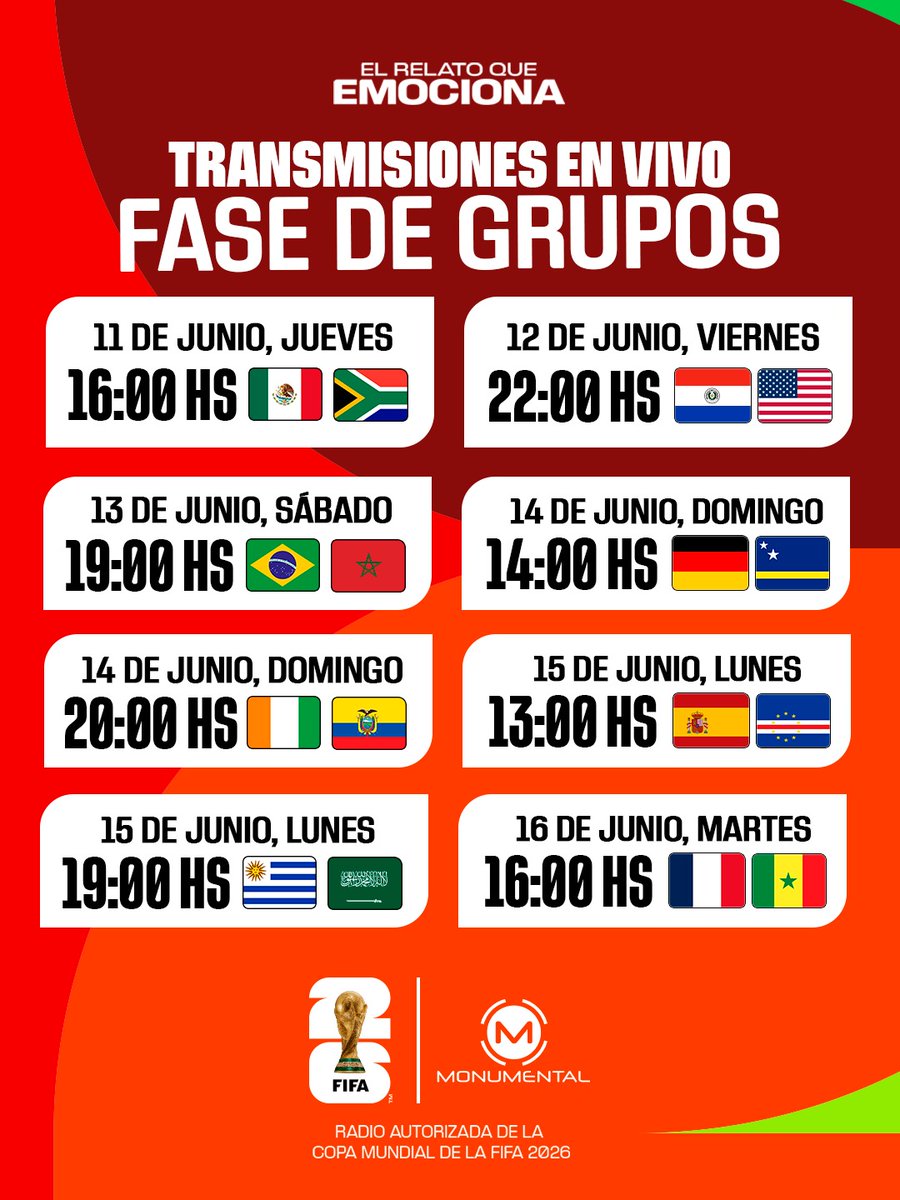 AM_1080's tweet photo. 📝🏆¡Para anotar!

🔸Estos son los 27 partidos de la Copa del Mundo de la FIFA que los podrás vivir por Monumental.

👉🏼Arrancamos con todo el jueves, con el partido inaugural entre México y Sudáfrica.

🎉⚽️¡A tan solo 3 días de la máxima fiesta del fútbol!

#Comunidad1080 📻 #ElRelatoQueEmociona