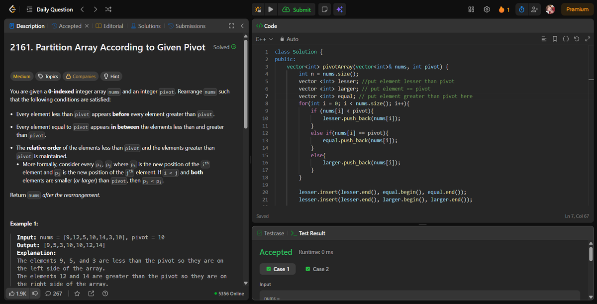 rohhannn01's tweet photo. Day 53 🚀
Solved " Partition Array According to Given Pivot" (LC-2161).
A nice array problem based on partitioning elements around a pivot and handling the order carefully..
Easy but enjoyed solving this one....😺
#day53 #leetcode #dsa #array https://t.co/TiK0okQgN3