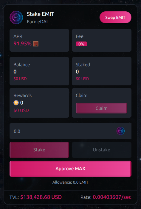 EMITfarm's tweet photo. 📡 Stake EMIT & Earn $eDAI Rewards 🛰️

ℹ️ EMIT's Single-Sided Staking Pool Is Fueled By Market Volume & Protocol Activity via 5% Fee On Transactions. 1% Burns EMIT, 4% To Staking. The More Volume / Activity The Token & Protocol Has, The More Rewards Generated!

🛰️ Current APR ➡️ 91%

Farms ➡️ https://t.co/0jvHMNspxj 🔗
Community ➡️ https://t.co/9VVSi6Y0l2 🔗