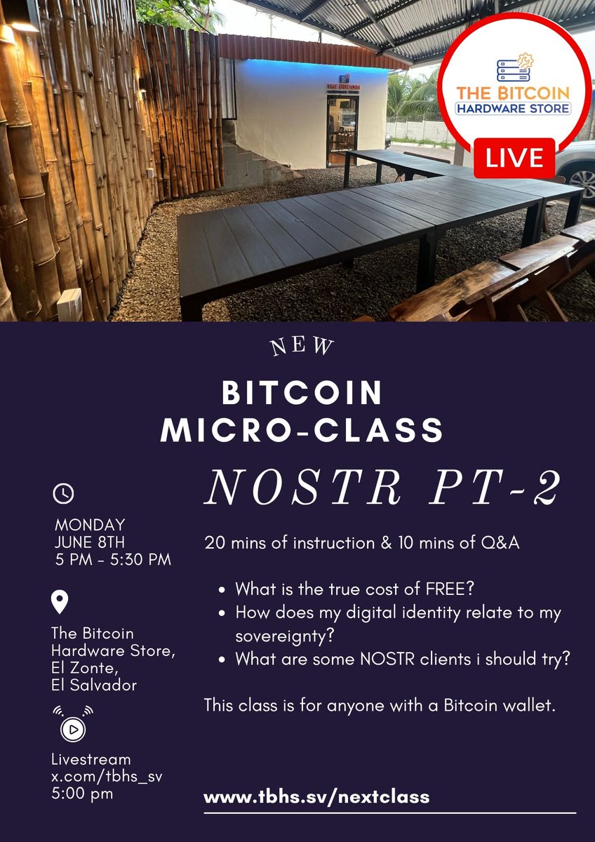 tbhs_sv's tweet photo. Have you heard of the NOSTR protocol? A place where you can take back your DATA from the big tech companies? A Decentralized communications protocol?
@BitTaskerdotcom will be leading the Bitcoin Micro-Class where we will go even deeper into the NOSTR protocol. 

Join us at 5pm CST
