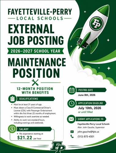 FP_Schools's tweet photo. Fayetteville-Perry Local Schools is currently accepting applications for a Maintenance Position for the 2026-2027 school year.

Please see the attached posting for details.
https://t.co/QqAqjKjD54

Thank you. https://t.co/RKrnnDymWD