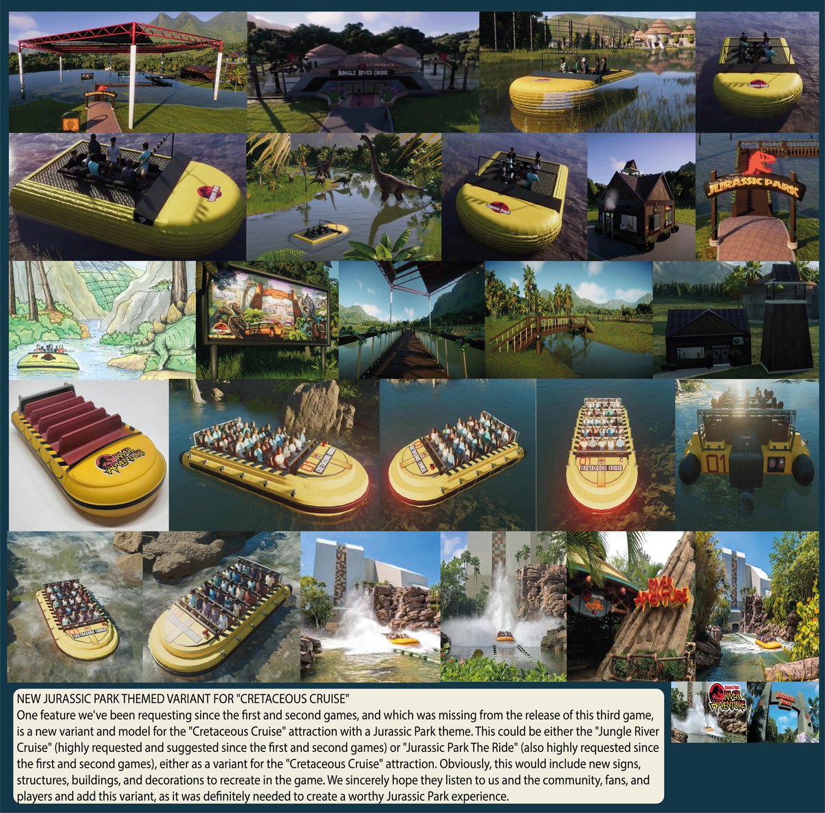 MunozArad's tweet photo. @JW_Evolution Hi @JW_Evolution,from the community, fans, and players. We're excited about tomorrow's DLC announcement, but we hope that future updates and DLC will add the most requested and suggested features, such as a variant for the Cretaceous Cruiser, natural lagoons, aquariums, and more. https://t.co/mwNcG4mfhw
