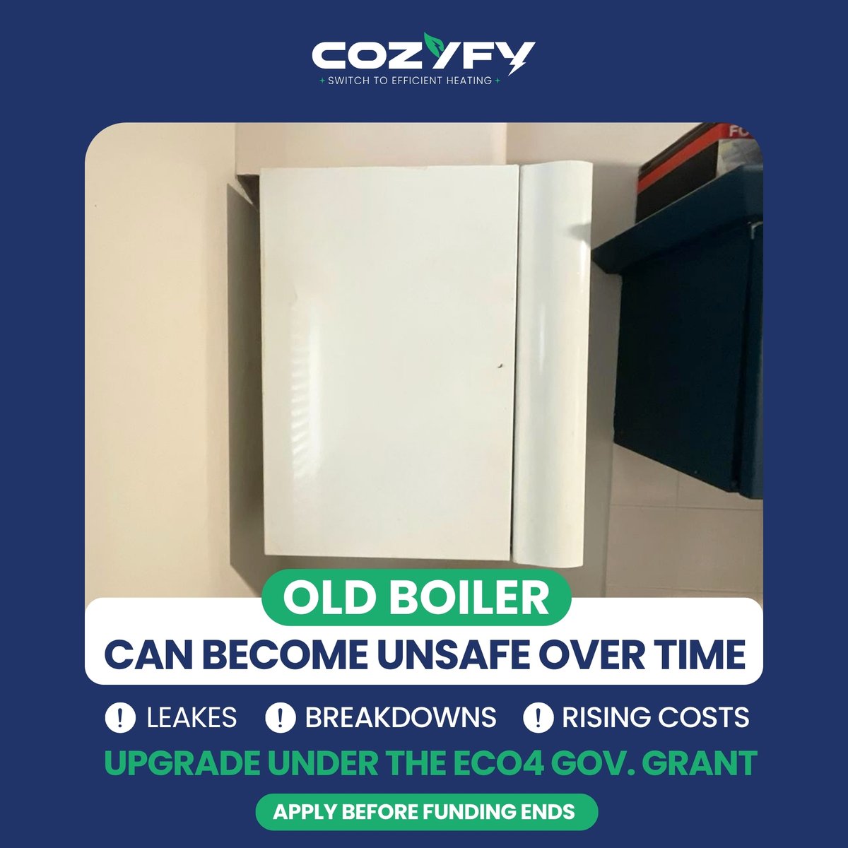 Cozyfyuk's tweet photo. Your old boiler may be costing you more than money ⚠️🔥

As boilers age, they can become less reliable, less efficient, and more expensive to run.

📋 Check your eligibility today: https://t.co/MO4d3GW6dB 

#ECO4 #Cozyfy #FreeBoiler #BoilerUpgrade #GovernmentGrant https://t.co/d9Kqa2FwHg