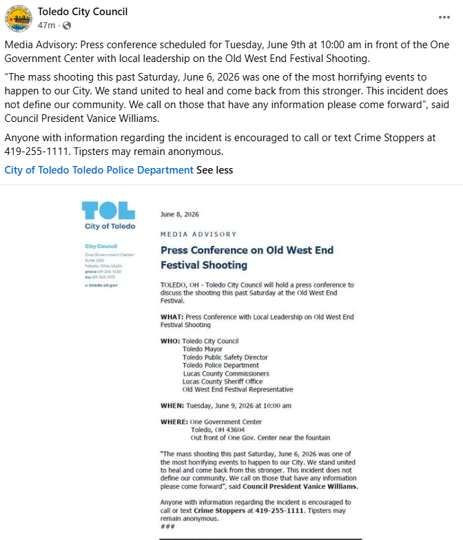 Toledo_PD's tweet photo. Toledo City Council is hosting a press conference regarding Saturday's shooting at the Old West End Festival. The Toledo Police Department will be participating. Details are available below. https://t.co/4KzA9es9aY