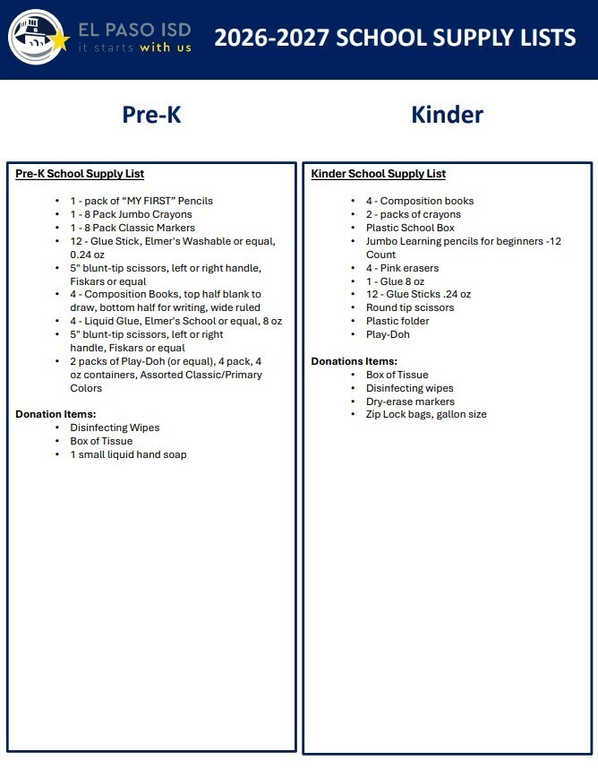 LundyEPISD's tweet photo. EPISD has streamlined the 2026-2027 School Supply List and requests all schools follow the same lists. They are attached by grade level for elementary school.  Happy Summer! https://t.co/RGhx8JjjXJ
