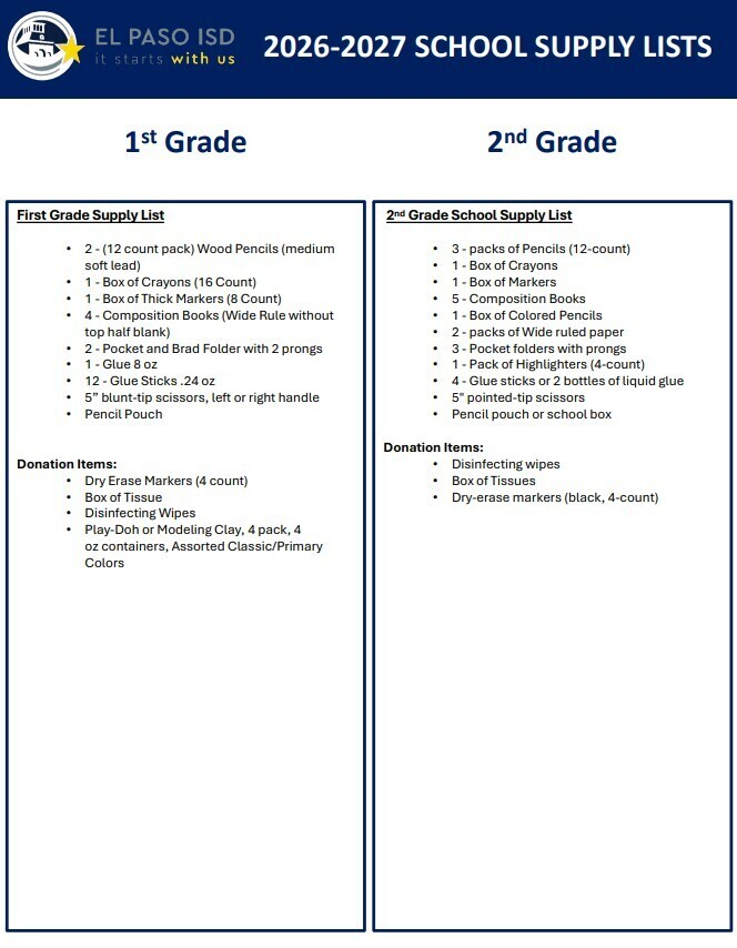 LundyEPISD's tweet photo. EPISD has streamlined the 2026-2027 School Supply List and requests all schools follow the same lists. They are attached by grade level for elementary school.  Happy Summer! https://t.co/RGhx8JjjXJ